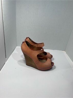 Seychelles Peach-Tan Peep-Toe Wedge Heels